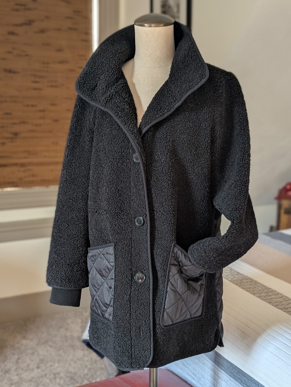 LOFT Black Sherpa Coat with Quilted Pocket Accents